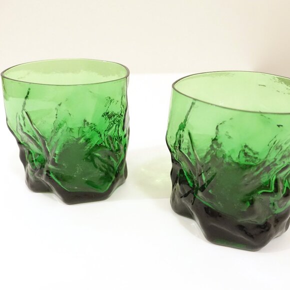 Vintage Forest Green Crinkle Lowball Drinking Glasses - Picture 2 of 8